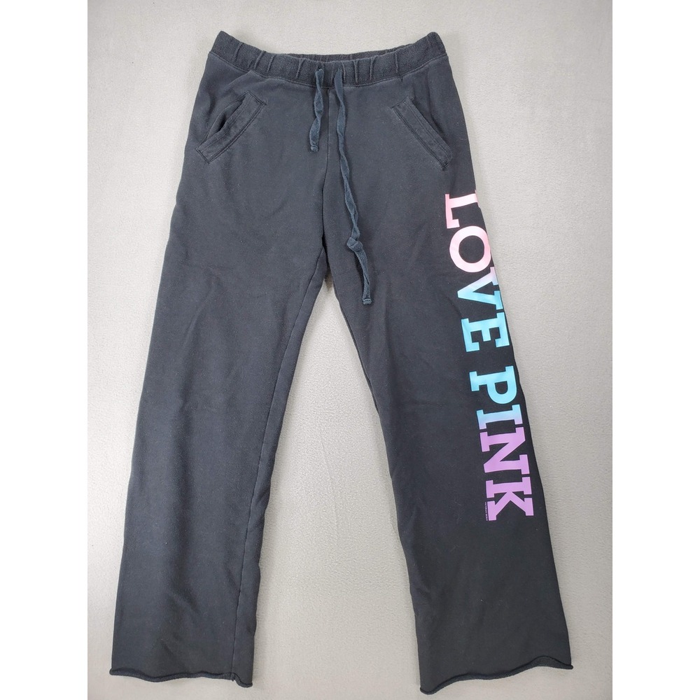 PINK Sweatpants Women XS Black‎ Wide Leg Y2K 90s Logo Drawstring Raw Hem Pockets